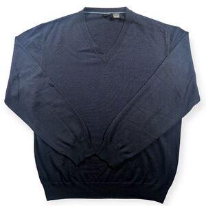 Saks Fifth Avenue‎  Merino Wool Silk Pullover V Neck Sweater Blue Size L Italy